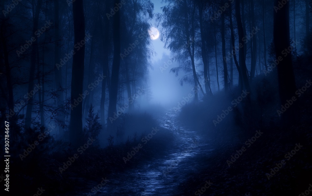 Fototapeta premium A misty forest path illuminated by moonlight, creating a mysterious and serene atmosphere.