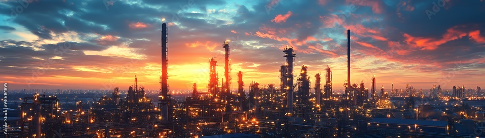 A panoramic view of an industrial area at sunset, showcasing smokestacks and lights. A panoramic view of an industrial area at sunset, showcasing smokestacks and lights.