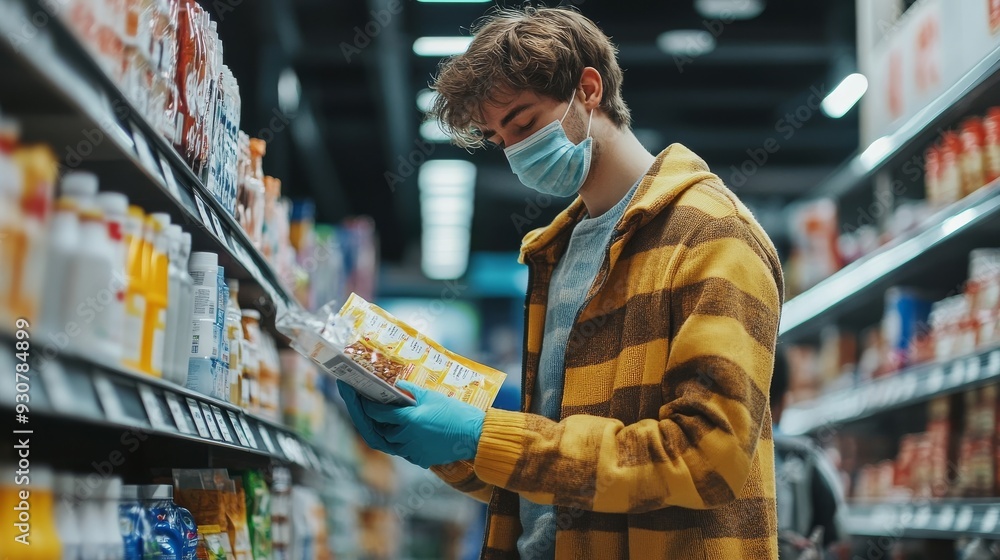 Masked man shops for groceries Masked man shops for groceries