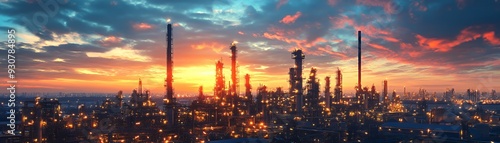 A panoramic view of an industrial area at sunset, showcasing smokestacks and lights.