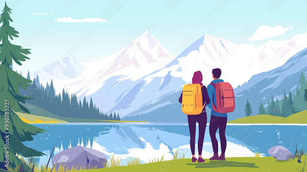 couple with backpack outdoor, enjoying view on mountains and lake, vector illustration in a flat style cartoon design with a simple background. active lifestyle concept. Hiking in wilderness. Adventur couple with backpack outdoor, enjoying view on mountains and lake, vector illustration in a flat style cartoon design with a simple background. active lifestyle concept. Hiking in wilderness. Adventur