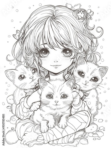 Anime little girl with kittens black and white image coloring book page