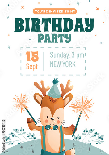 Childrens birthday invitation with a cute reindeer with sparklers and a festive hat a white background. Vector