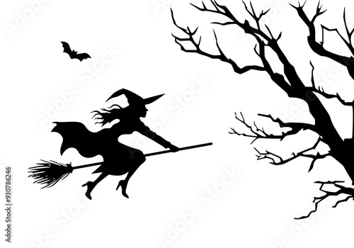 Silhouette of a witch flying on a broomstick, against a Halloween background with a black tree and bats. Vector illustration, isolated on a white background, with a simple design and shapes.