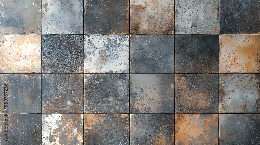 Fototapeta premium A textured wall composed of various metal tiles in shades of gray and rust.