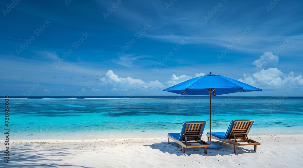 Obraz premium A serene beach scene with two lounge chairs and an umbrella under a clear blue sky.