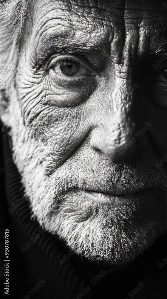 Obraz premium Close up en blanco y negro de anciano o señor mayor de la tercera edad, con gran detalle en su piel, arrugas y marcas de la vida. 
