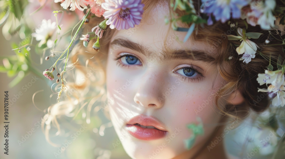 A girl with blue eyes wears a crown of flowers that enhances her natural beauty in a sunlit setting A girl with blue eyes wears a crown of flowers that enhances her natural beauty in a sunlit setting