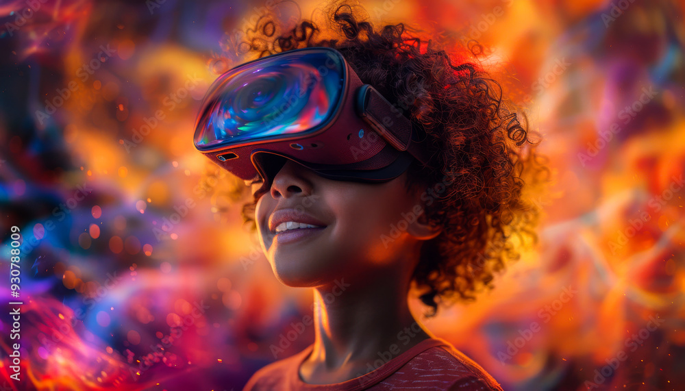 A young girl wearing a virtual reality headset is smiling. The image is colorful and vibrant, with a sense of excitement and wonder. The girl appears to be enjoying her virtual reality experience A young girl wearing a virtual reality headset is smiling. The image is colorful and vibrant, with a sense of excitement and wonder. The girl appears to be enjoying her virtual reality experience