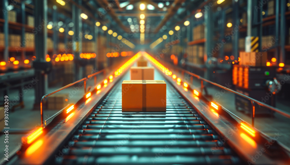 A conveyor belt with boxes on it. The boxes are orange and yellow A conveyor belt with boxes on it. The boxes are orange and yellow
