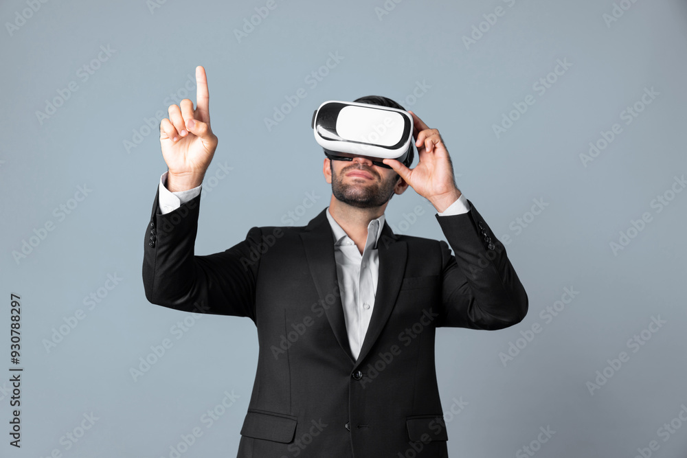 Project manager with virtual reality glasses looking at data analysis while analyzing and pointing data. Skilled business man using VR goggle and digital innovation while enter metaverse. Deviation. Project manager with virtual reality glasses looking at data analysis while analyzing and pointing data. Skilled business man using VR goggle and digital innovation while enter metaverse. Deviation.