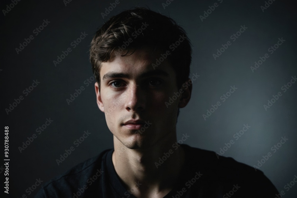 Fototapeta premium A low key portrait of a young man with side of face in deep shadow