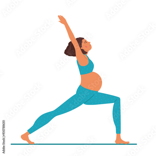 Virabhadrasana Pose. Health pregnancy. lightweight option for beginners Pregnant woman doing yoga. Woman in sportswear doing floor exercises. Women healthy life style concept. Prenatal Warrior 1 Pose