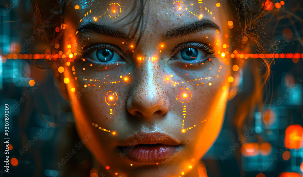 A woman's face is shown in a computer-generated image with a lot of glowing dots. The image has a futuristic and technological feel to it, with the woman's face being the main focus A woman's face is shown in a computer-generated image with a lot of glowing dots. The image has a futuristic and technological feel to it, with the woman's face being the main focus