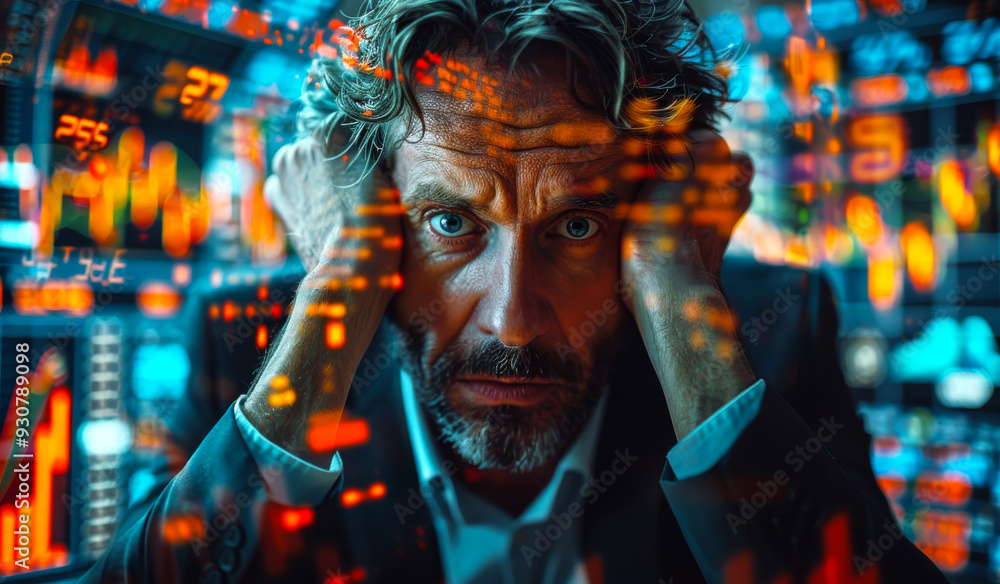 A man is looking at a computer screen with a lot of numbers and symbols. He is wearing a suit and he is in a state of confusion or frustration A man is looking at a computer screen with a lot of numbers and symbols. He is wearing a suit and he is in a state of confusion or frustration