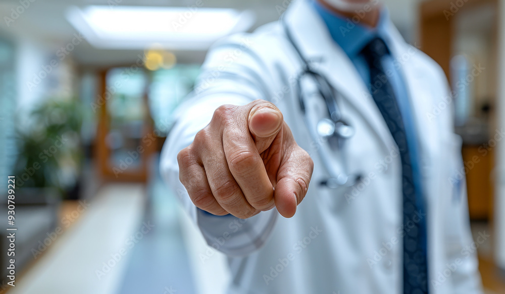 A doctor pointing to something in a hospital hallway. Concept of authority and expertise, as the doctor is dressed in a white lab coat and tie A doctor pointing to something in a hospital hallway. Concept of authority and expertise, as the doctor is dressed in a white lab coat and tie
