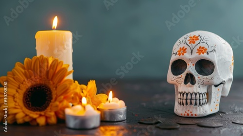 A skull is on a table with candles and a yellow flower