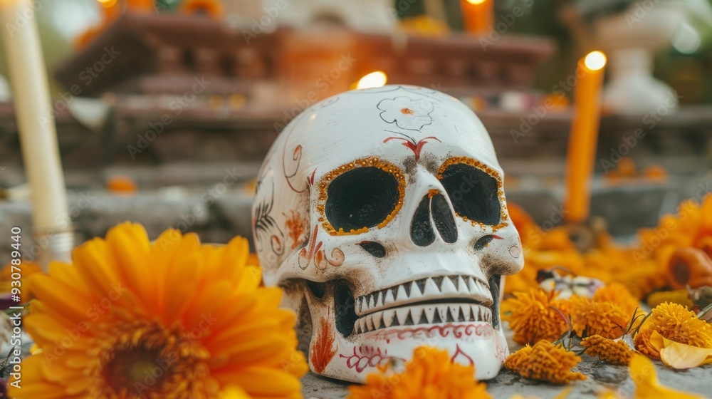 A skull is placed on a table with orange flowers and candles A skull is placed on a table with orange flowers and candles