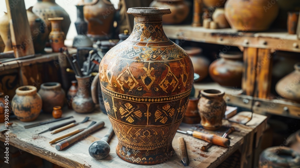 A handcrafted vase, elegantly painted, placed in a pottery studio surrounded by ceramic pieces representing ancient craft and cultural traditions. A handcrafted vase, elegantly painted, placed in a pottery studio surrounded by ceramic pieces representing ancient craft and cultural traditions.