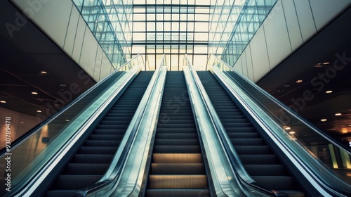 Two Escalators Leading Upwards In Modern Building With Glass Ceiling photo