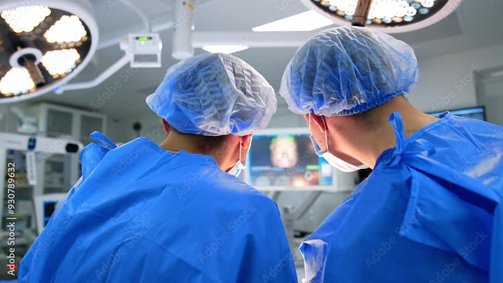 Rear view of two doctors in blue robes and caps standing at operating table under round lamps. Neurosurgeons look at brain scans of patient at the monitors. Rear view of two doctors in blue robes and caps standing at operating table under round lamps. Neurosurgeons look at brain scans of patient at the monitors.