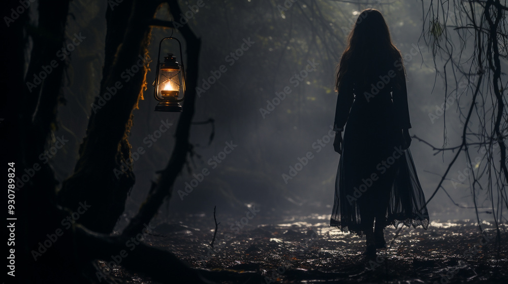 A witch standing in a misty gloomy forest at night with a lantern A witch standing in a misty gloomy forest at night with a lantern