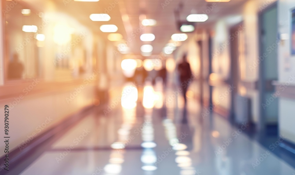 Fototapeta premium A blurry image of a hallway with people walking down it. AI.