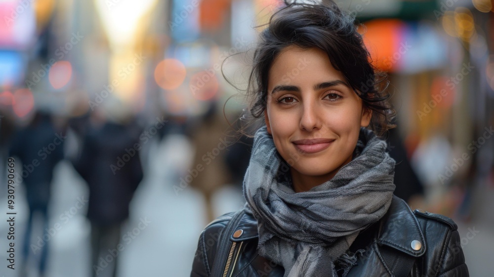 A woman in a scarf and jacket standing on the street. AI.