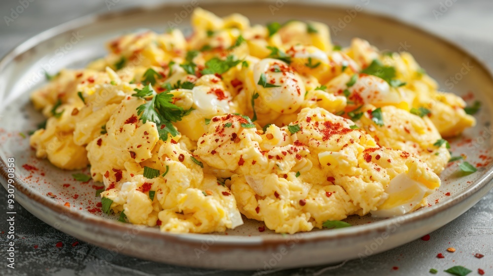 A close-up of scrambled eggs on a plate garnished with vibrant red pepper flakes and fresh cilantro offering a healthy and flavorful meal perfect for breakfast or brunch. A close-up of scrambled eggs on a plate garnished with vibrant red pepper flakes and fresh cilantro offering a healthy and flavorful meal perfect for breakfast or brunch.
