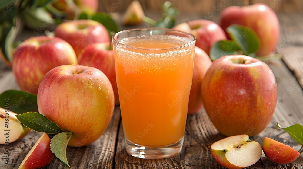 A glass of apple juice surrounded by fresh apples on a wooden surface. A glass of apple juice surrounded by fresh apples on a wooden surface.