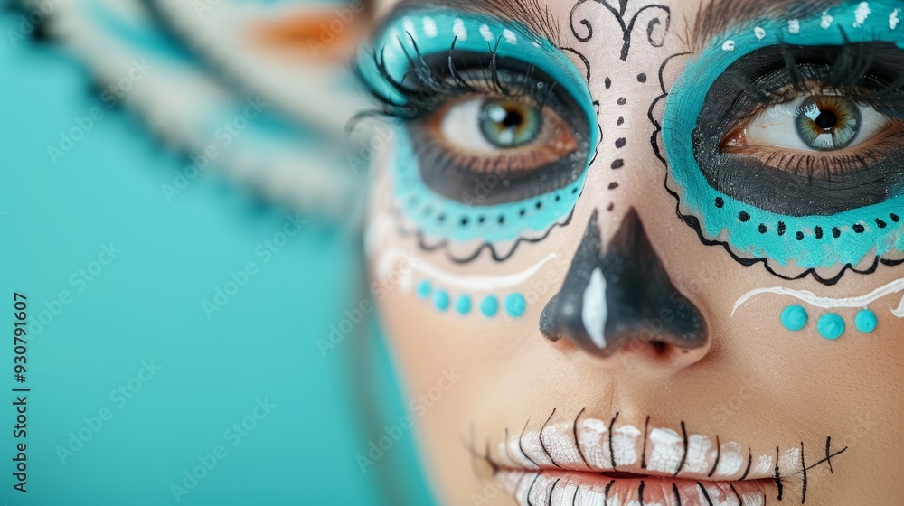 A woman with blue and white face paint and a skull design on her face A woman with blue and white face paint and a skull design on her face