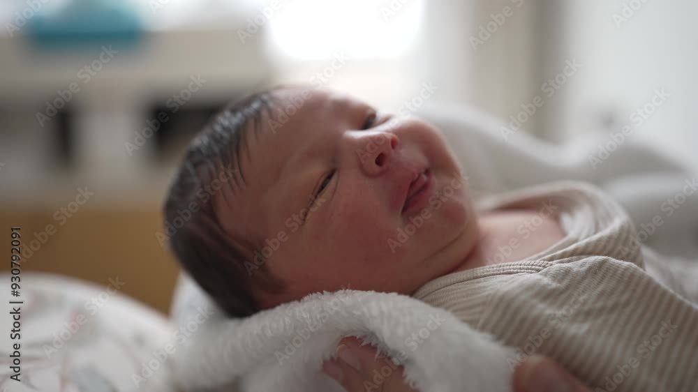Newborn baby looking up, mouth slightly open, wrapped in a soft blanket, cozy and safe in mother’s arms, bright eyes, capturing the wonder and innocence of early life, peaceful atmosphere Newborn baby looking up, mouth slightly open, wrapped in a soft blanket, cozy and safe in mother’s arms, bright eyes, capturing the wonder and innocence of early life, peaceful atmosphere
