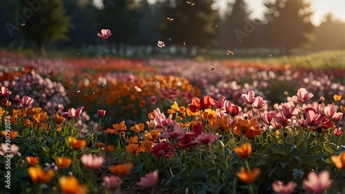 a stunning flower field with petals that are in midair,