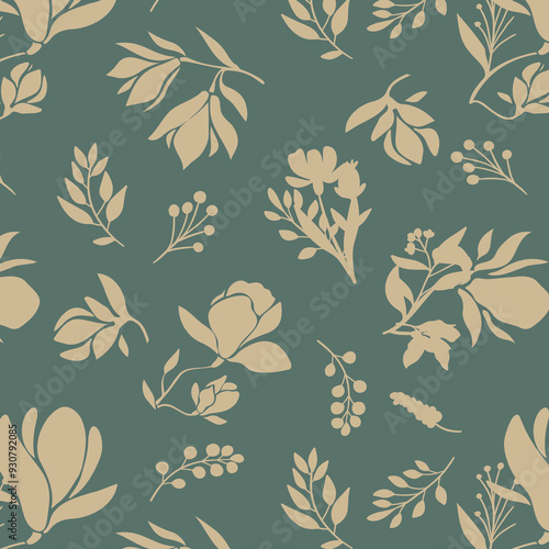 Schilderij op canvas bicolor contour silhouette seamless pattern with flowers and leaves