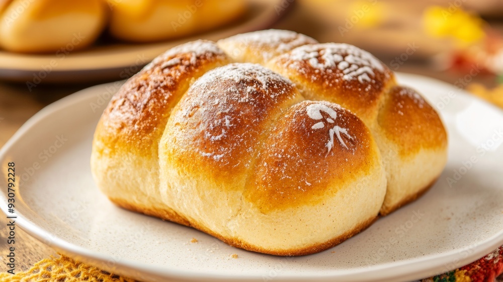 A piece of bread with powdered sugar on top A piece of bread with powdered sugar on top