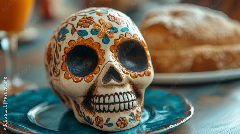 A skull with flowers painted on it sits on a blue plate A skull with flowers painted on it sits on a blue plate