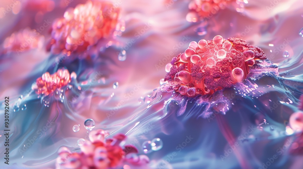 Pink and purple flower-like objects floating on a wavy surface. AI. Pink and purple flower-like objects floating on a wavy surface. AI.