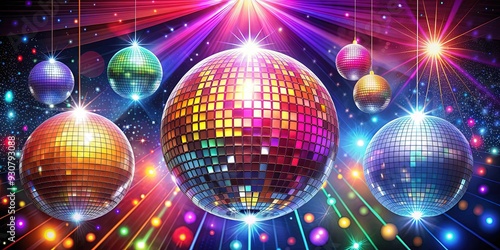 Vibrant retro disco poster features flashy lights, mirror balls, and colorful graphics on a dark background, evoking the glamour and excitement of a 1970s nightclub.