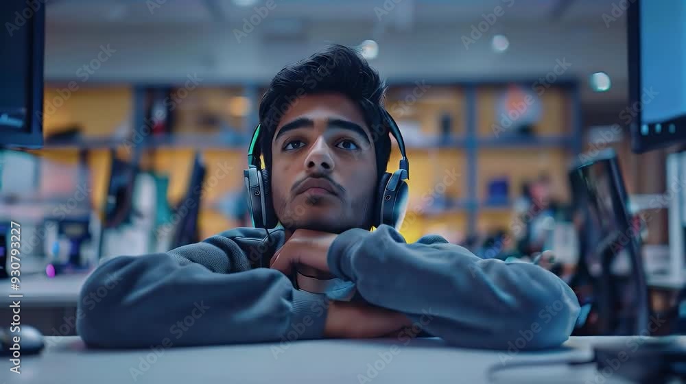 Thoughtful male student in headphones, focused and lost in thought while studying or working on a project. Thoughtful male student in headphones, focused and lost in thought while studying or working on a project.