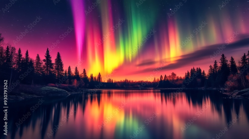 Northern lights reflecting over calm lake in Northern lights reflecting over calm lake in