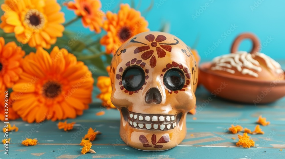 A skull with flowers and a bowl of food in the background A skull with flowers and a bowl of food in the background