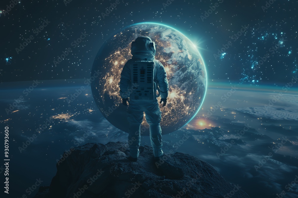Astronaut standing on a rocky surface, gazing at Earth in a starry space environment. Astronaut standing on a rocky surface, gazing at Earth in a starry space environment.