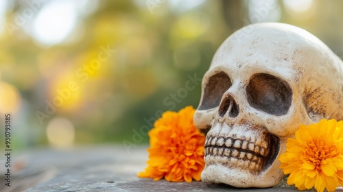 A skull is placed on a table with orange flowers