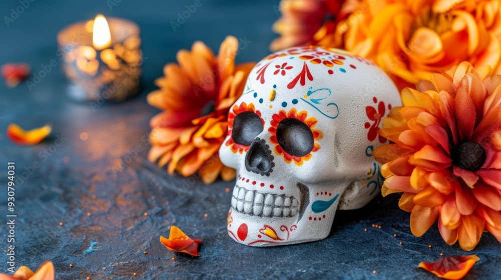 A skull with flowers and candles on a table A skull with flowers and candles on a table