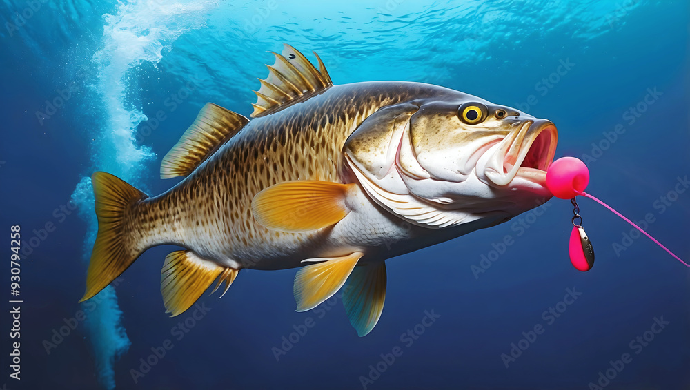 Largemouth bass freshwater fish striking pink lure in the lake, water animals and wildlife, nature background, fishing, catch and release