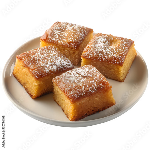 Four pieces of traditional algerian basbousa cake, sprinkled with powdered sugar, arranged on a white plate, showcasing their golden-brown texture