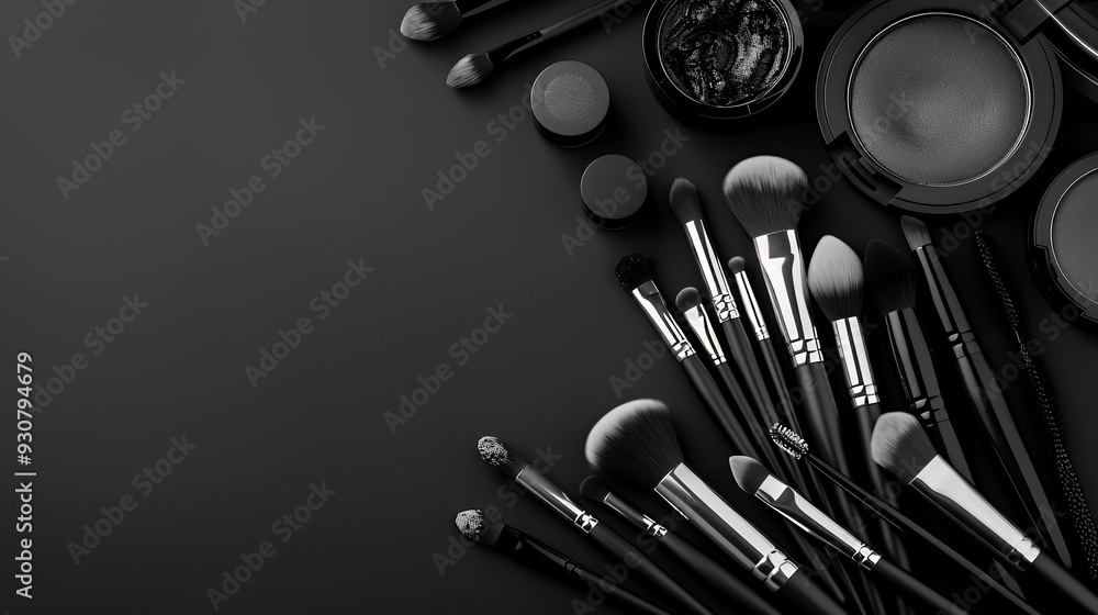A collection of makeup brushes and products arranged on a dark background for beauty purposes. A collection of makeup brushes and products arranged on a dark background for beauty purposes.