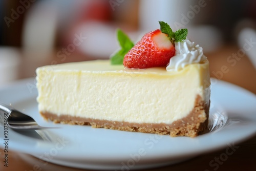 A slice of cheesecake topped with a strawberry and whipped cream on a blurry background