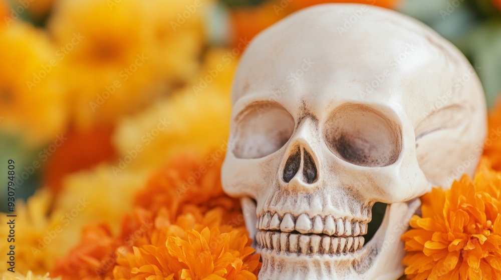 A white skull is placed on top of a bed of orange flowers A white skull is placed on top of a bed of orange flowers