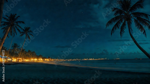 sandy beach sea palm trees night neon lights
